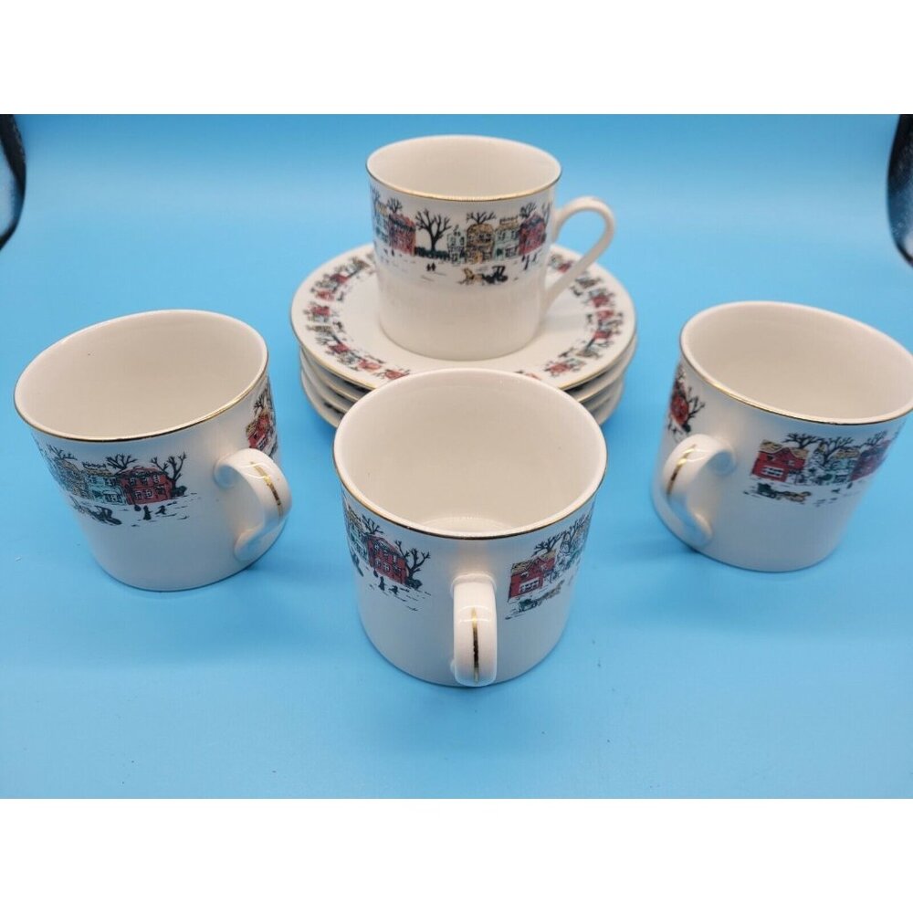 Set of 4  Lynns Fine Bone China Coffee Tea Cup & Saucer Winter Scene Gold Trim